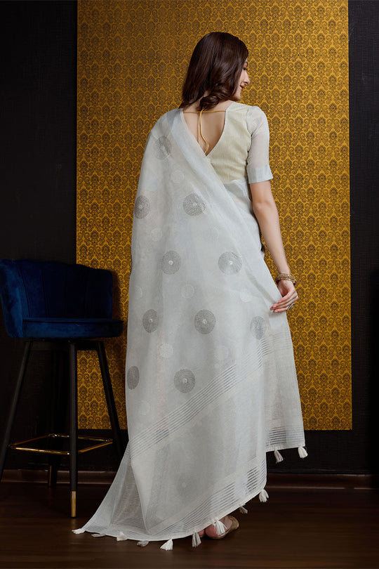 Grey Linen Blend Silk Saree With Blouse Piece