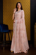 Peach Linen Blend Silk Saree With Blouse Piece