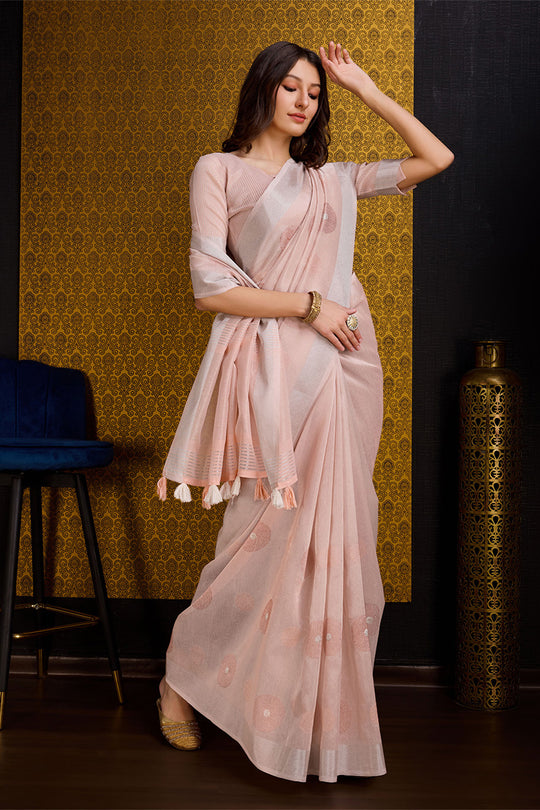 Peach Linen Blend Silk Saree With Blouse Piece