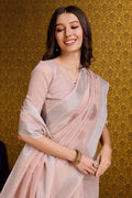 Peach Linen Blend Silk Saree With Blouse Piece