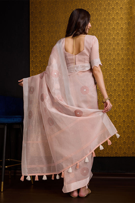 Peach Linen Blend Silk Saree With Blouse Piece