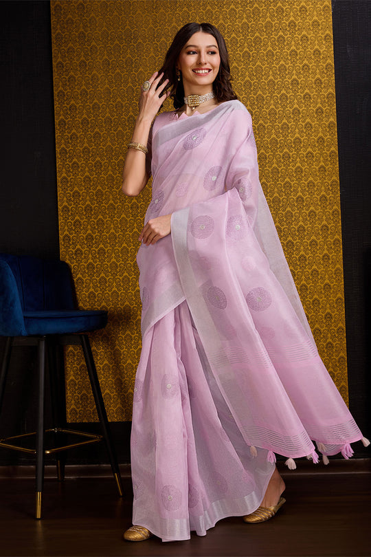 Pink Linen Blend Silk Saree With Blouse Piece