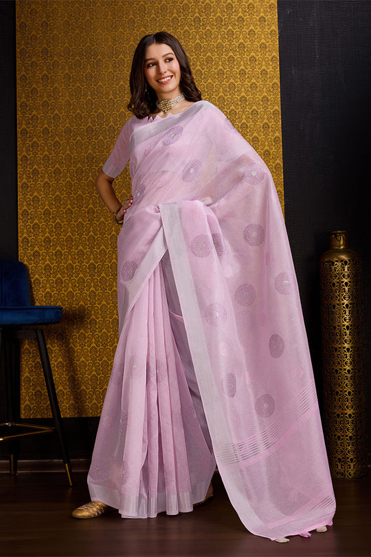 Pink Linen Blend Silk Saree With Blouse Piece