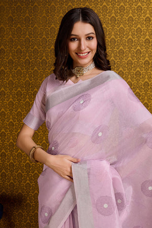 Pink Linen Blend Silk Saree With Blouse Piece