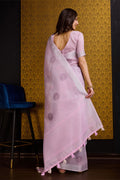 Pink Linen Blend Silk Saree With Blouse Piece