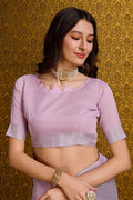 Pink Linen Blend Silk Saree With Blouse Piece