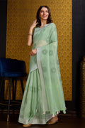 Green Linen Blend Silk Saree With Blouse Piece