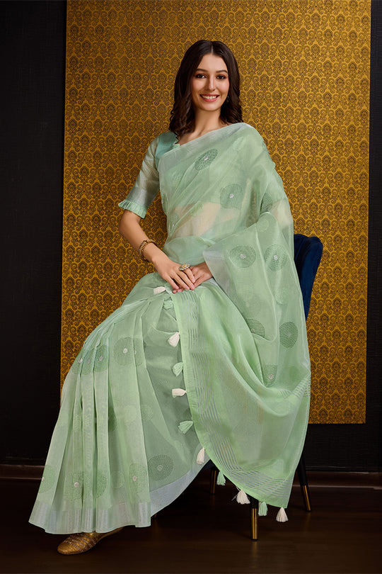 Green Linen Blend Silk Saree With Blouse Piece