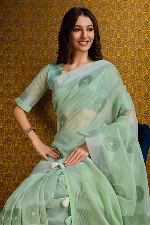 Green Linen Blend Silk Saree With Blouse Piece