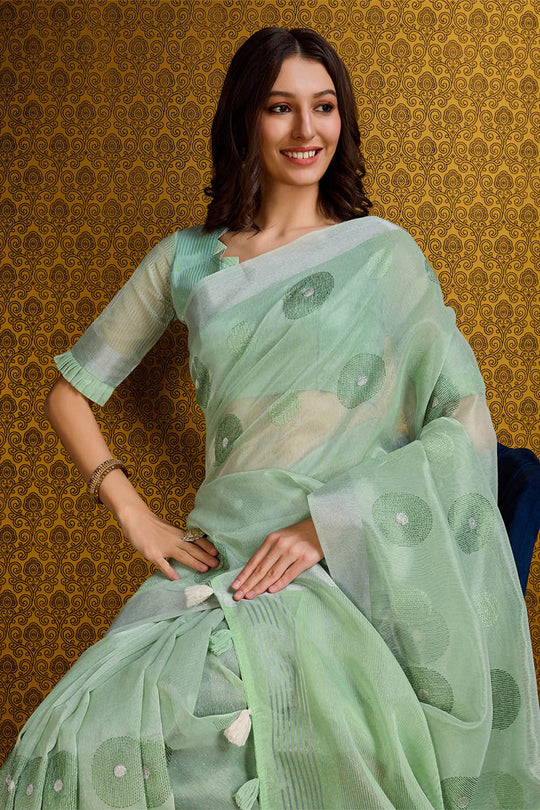 Green Linen Blend Silk Saree With Blouse Piece
