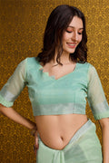 Green Linen Blend Silk Saree With Blouse Piece