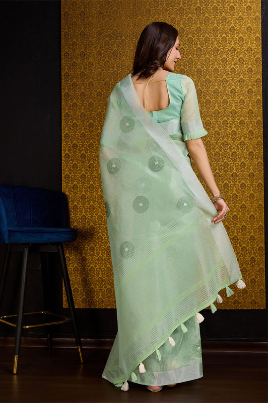 Green Linen Blend Silk Saree With Blouse Piece
