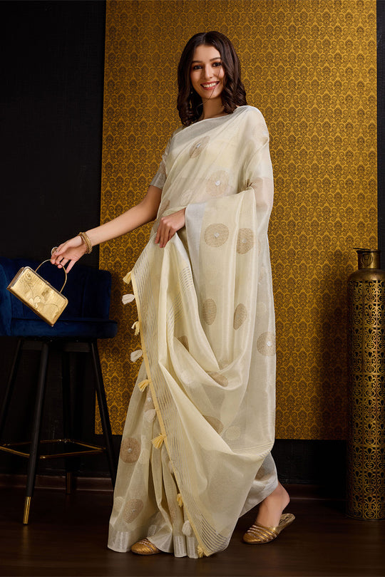 Yellow Linen Blend Silk Saree With Blouse Piece