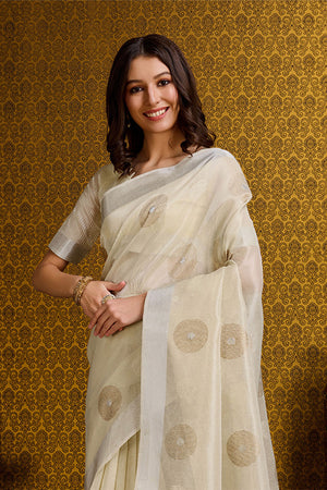 Yellow Linen Blend Silk Saree With Blouse Piece