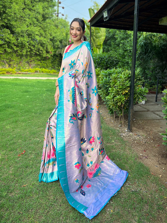 Lavender Paithani Silk Saree With Blouse Piece