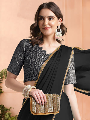Black Chiffon Ready To Wear Saree With Blouse Piece