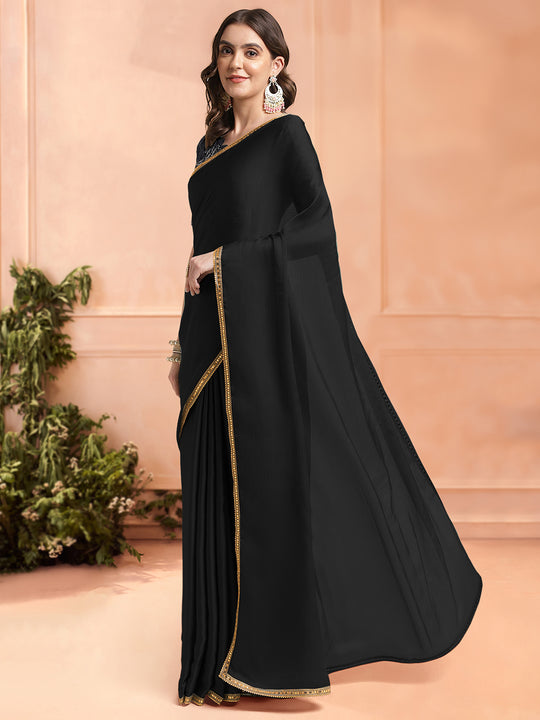 Black Chiffon Ready To Wear Saree With Blouse Piece