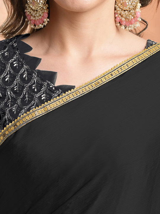 Black Chiffon Ready To Wear Saree With Blouse Piece