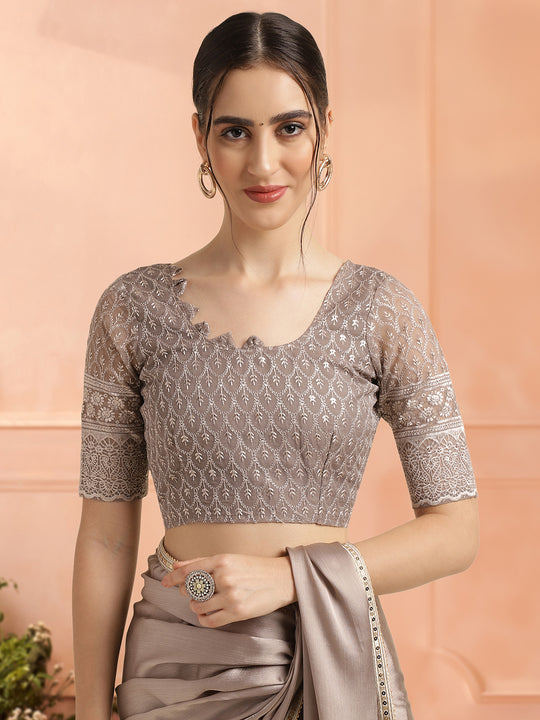 Beige Chiffon Ready To Wear Saree With Blouse Piece