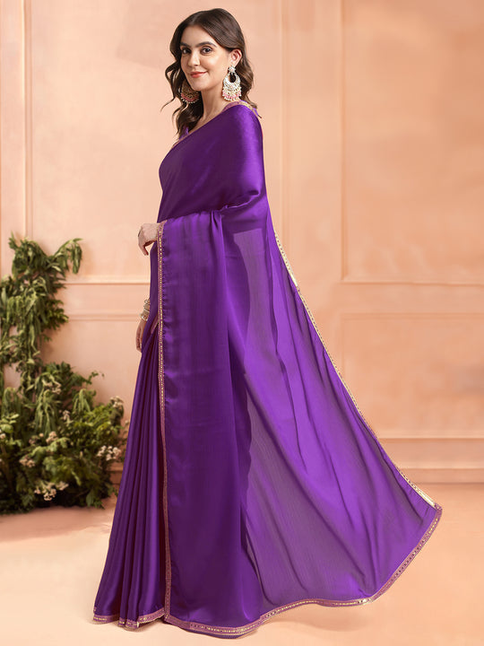 Violet Chiffon Ready To Wear Saree With Blouse Piece