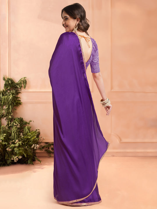 Violet Chiffon Ready To Wear Saree With Blouse Piece
