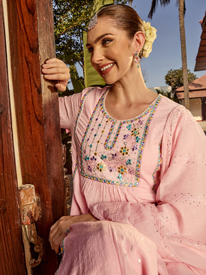 Ethnic Motifs Yoke Design Mirror Work Pure Cotton Kurta with Trousers & Dupatta