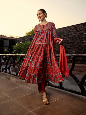 Layered Embellished Tie-Up Cotton Kurta with Solid Pants and Chiffon Dupatta