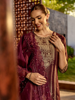 Floral woven deisgn Regular Thread Work Straight Kurta with Trousers & Dupatta