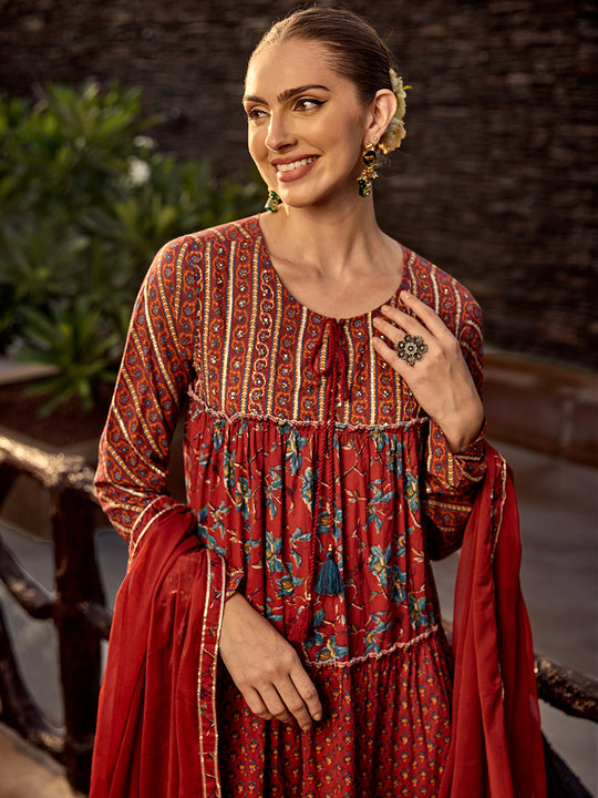 Layered Embellished Tie-Up Cotton Kurta with Solid Pants and Chiffon Dupatta