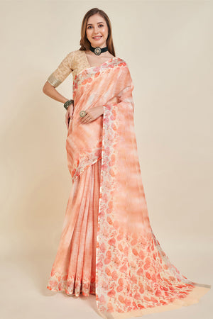 Peach Linen Blend Saree With Blouse Piece