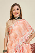 Peach Linen Blend Saree With Blouse Piece