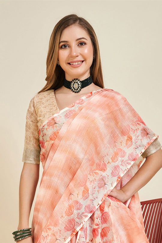 Peach Linen Blend Saree With Blouse Piece