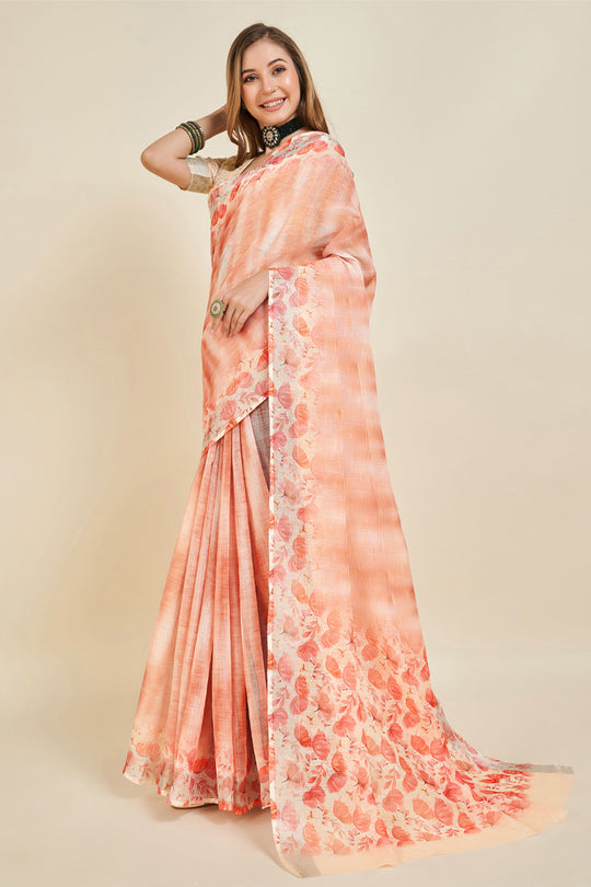 Peach Linen Blend Saree With Blouse Piece