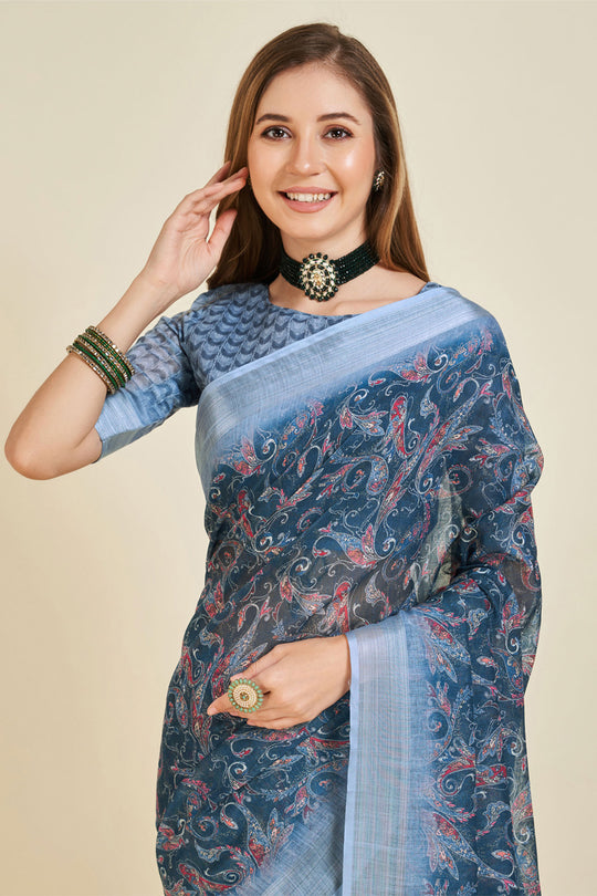 Navy Blue Linen Blend Saree With Blouse Piece