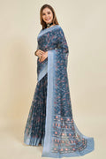Navy Blue Linen Blend Saree With Blouse Piece