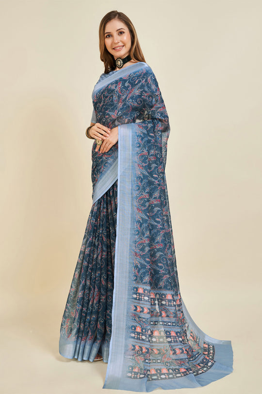 Navy Blue Linen Blend Saree With Blouse Piece