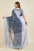 Navy Blue Linen Blend Saree With Blouse Piece