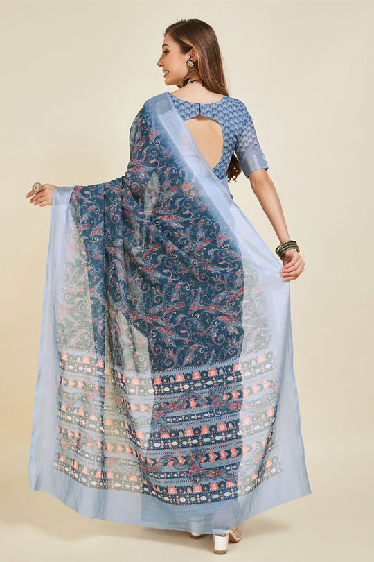 Navy Blue Linen Blend Saree With Blouse Piece
