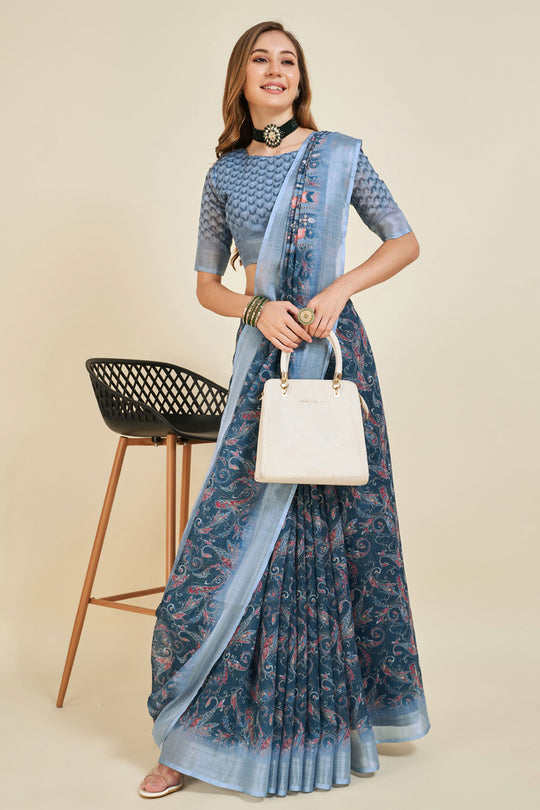 Navy Blue Linen Blend Saree With Blouse Piece