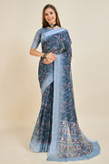 Navy Blue Linen Blend Saree With Blouse Piece