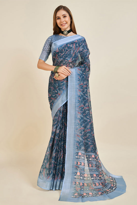 Navy Blue Linen Blend Saree With Blouse Piece