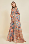 Multi Color Linen Blend Saree With Blouse Piece