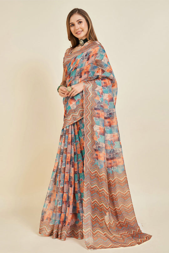 Multi Color Linen Blend Saree With Blouse Piece