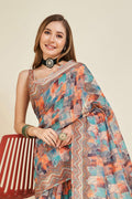 Multi Color Linen Blend Saree With Blouse Piece