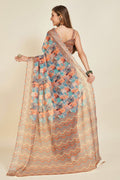 Multi Color Linen Blend Saree With Blouse Piece