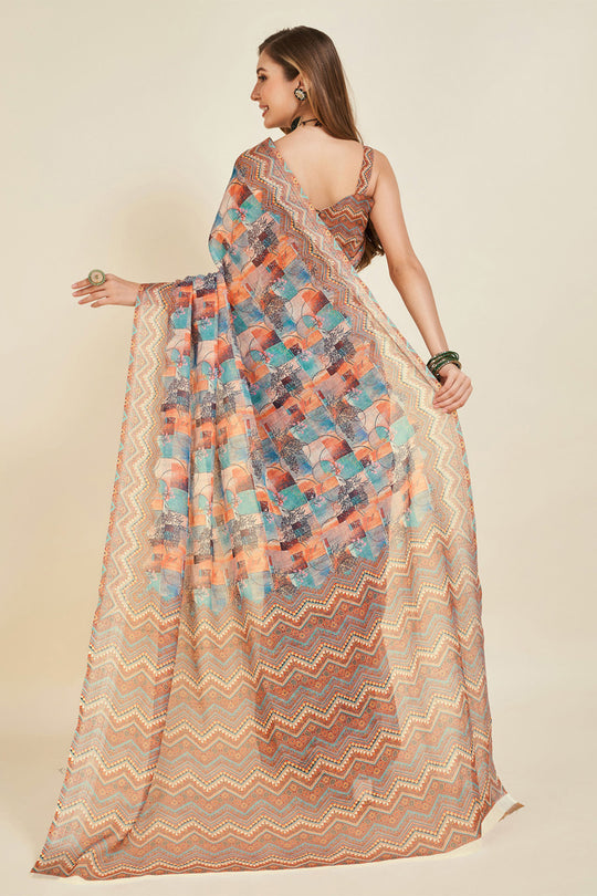 Multi Color Linen Blend Saree With Blouse Piece