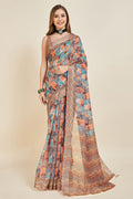 Multi Color Linen Blend Saree With Blouse Piece