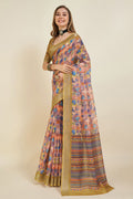 Multi Color Linen Blend Saree With Blouse Piece