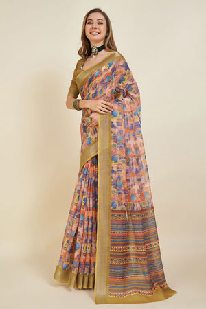 Multi Color Linen Blend Saree With Blouse Piece