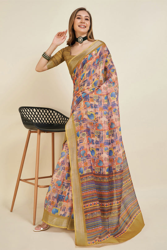 Multi Color Linen Blend Saree With Blouse Piece